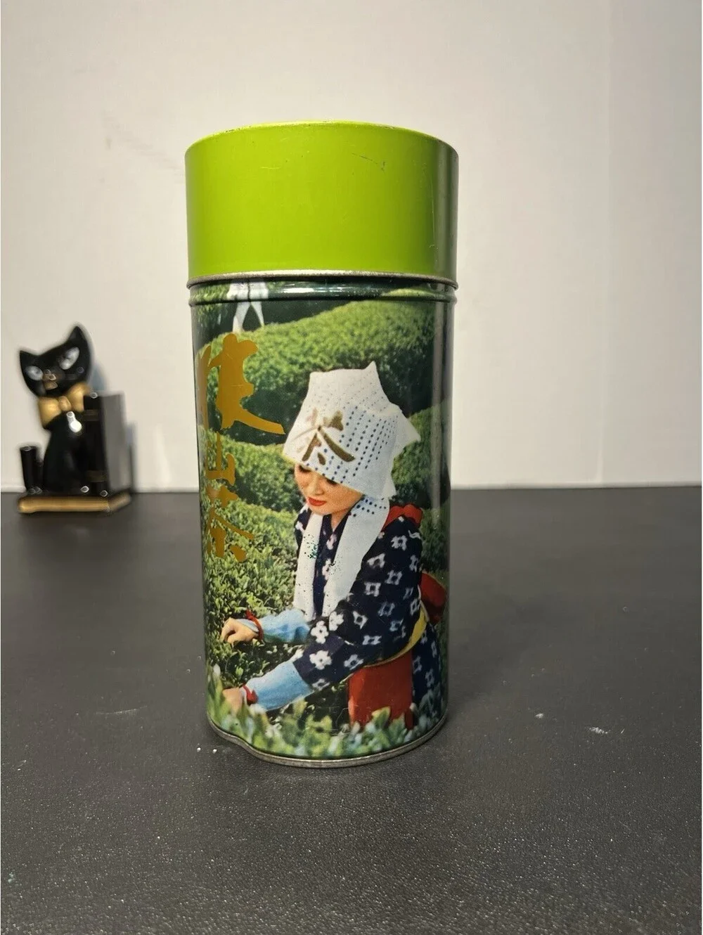 Vintage 1970s Japanese Green Tea Tin Canister Chatsumi Musume Tea Picker, 7.75”